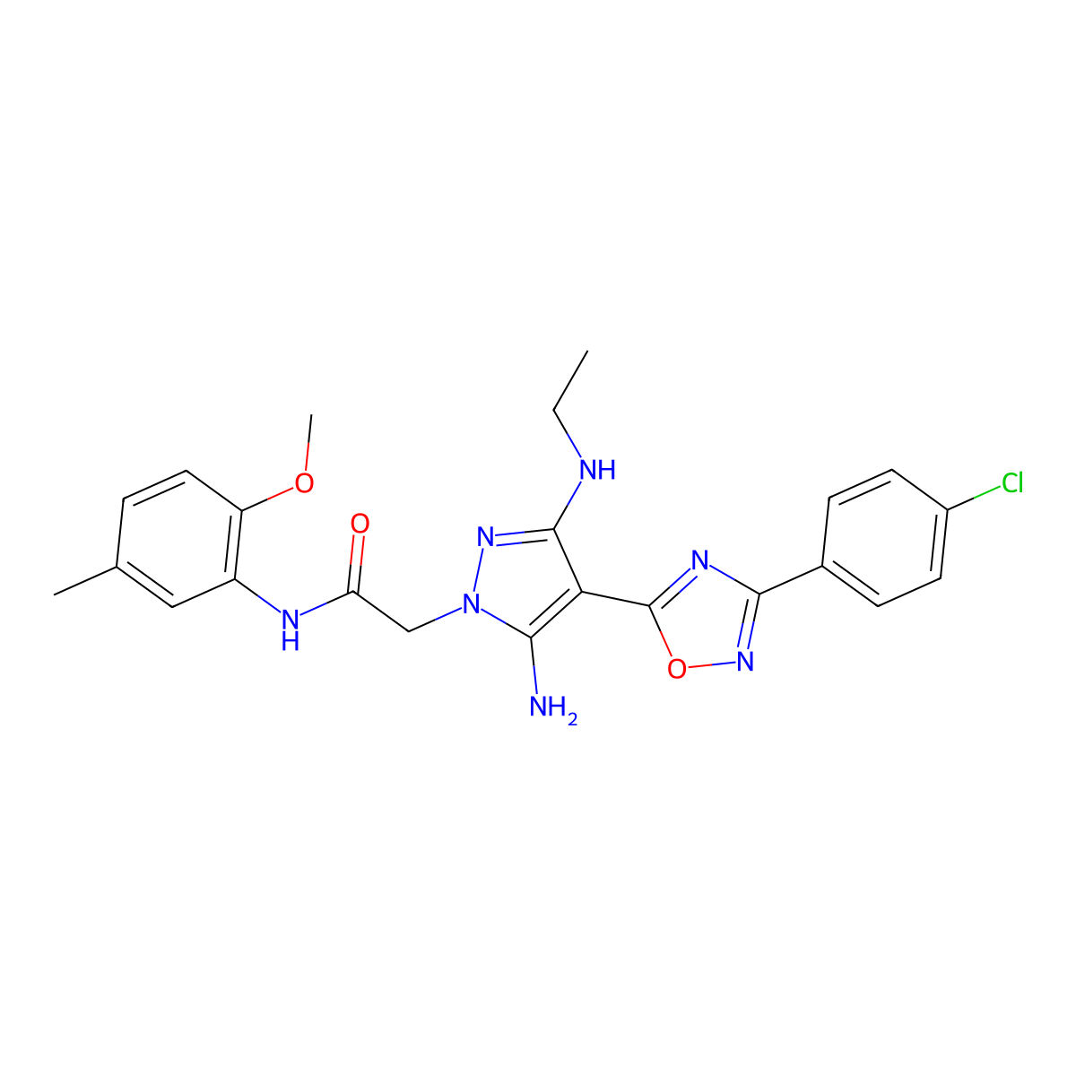 2-(5-amino-4-(3-(4-chlorophenyl)-1,2,4-oxadiazol-5-yl)-3-(ethylamino)-1H-pyrazol-1-yl)-N-(2-methoxy-5-methylphenyl)acetamide molecular structure, CAS 1170815-45-8
