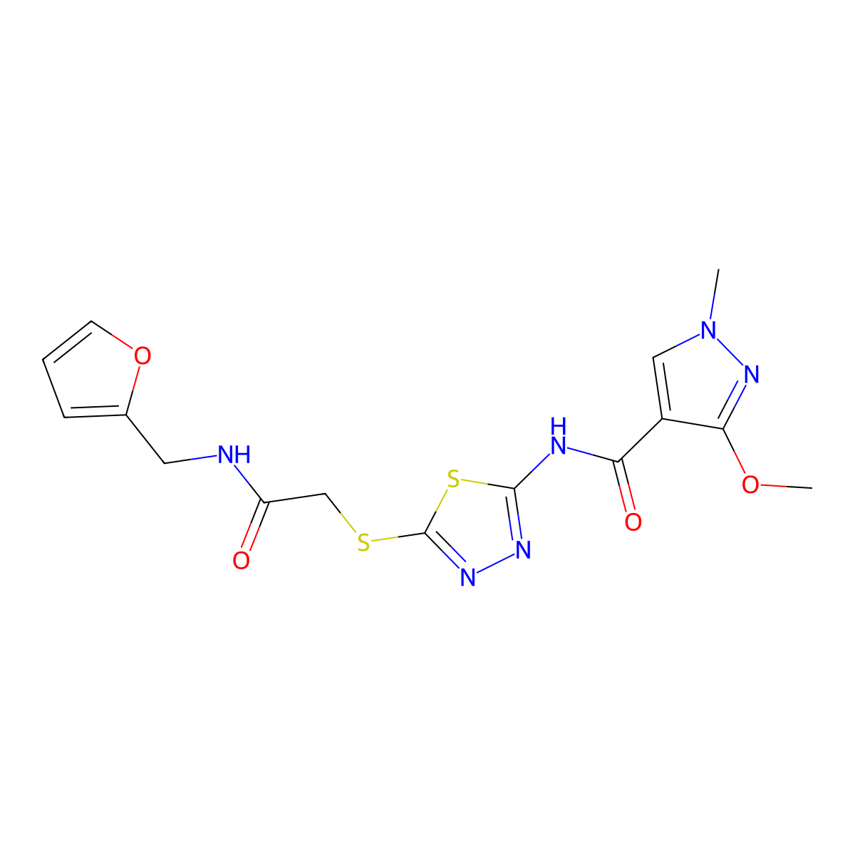 N-(5-((2-((furan-2-ylmethyl)amino)-2-oxoethyl)thio)-1,3,4-thiadiazol-2-yl)-3-methoxy-1-methyl-1H-pyrazole-4-carboxamide molecular structure, CAS 1170817-87-4