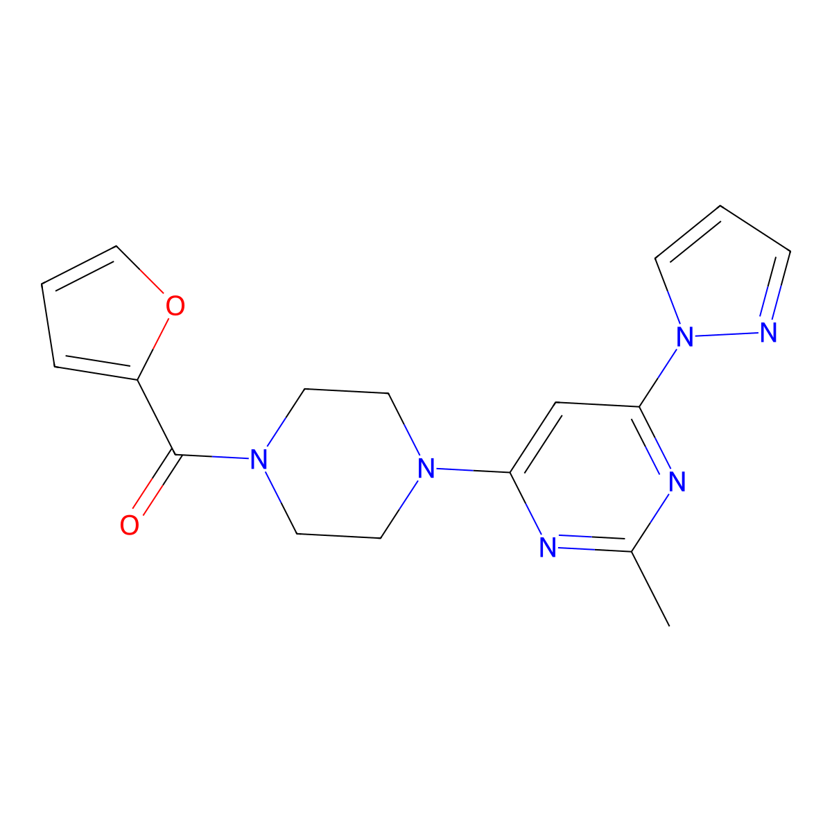 furan-2-yl(4-(2-methyl-6-(1H-pyrazol-1-yl)pyrimidin-4-yl)piperazin-1-yl)methanone molecular structure, CAS 1170823-18-3