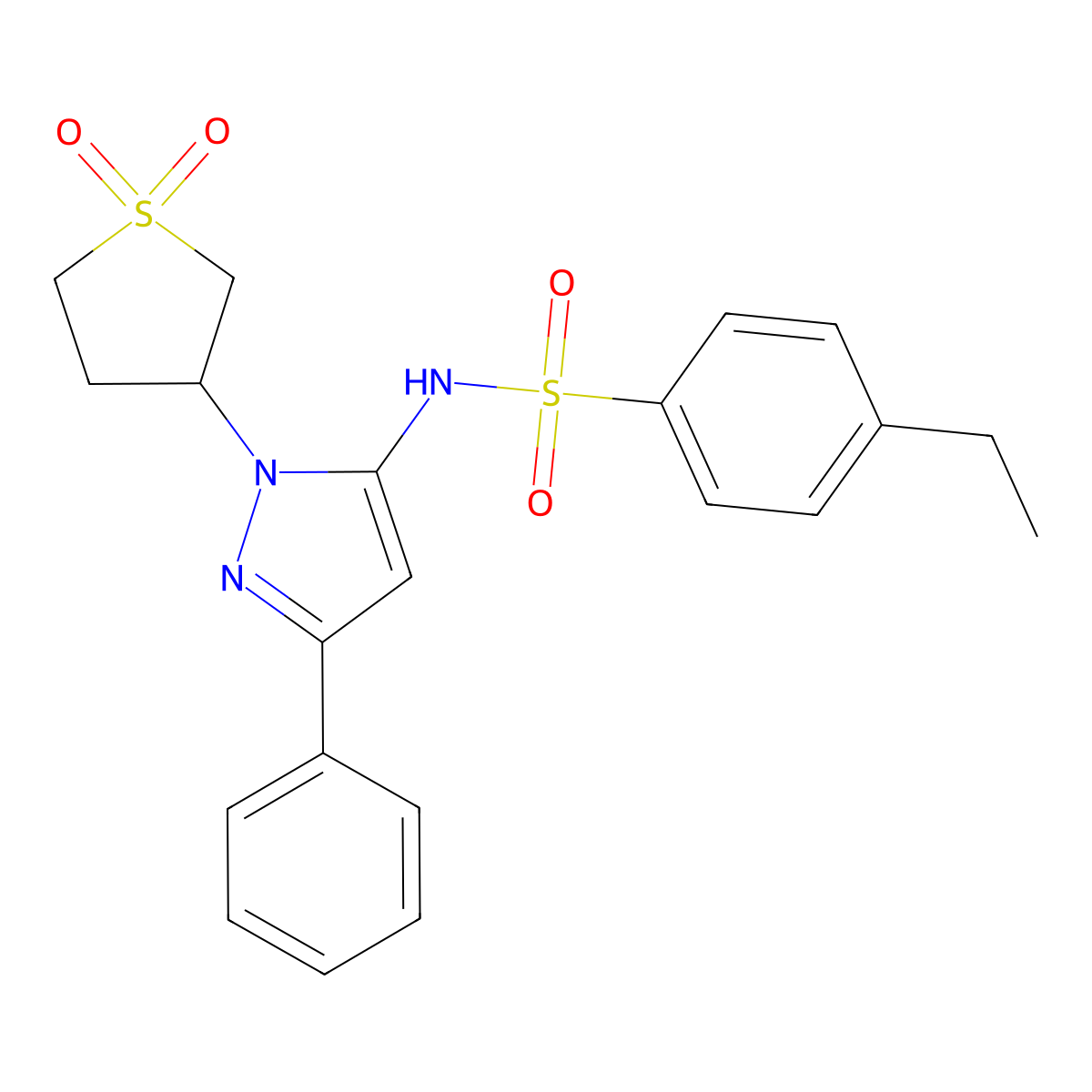 N-(1-(1,1-dioxidotetrahydrothiophen-3-yl)-3-phenyl-1H-pyrazol-5-yl)-4-ethylbenzenesulfonamide molecular structure, CAS 1170824-72-2