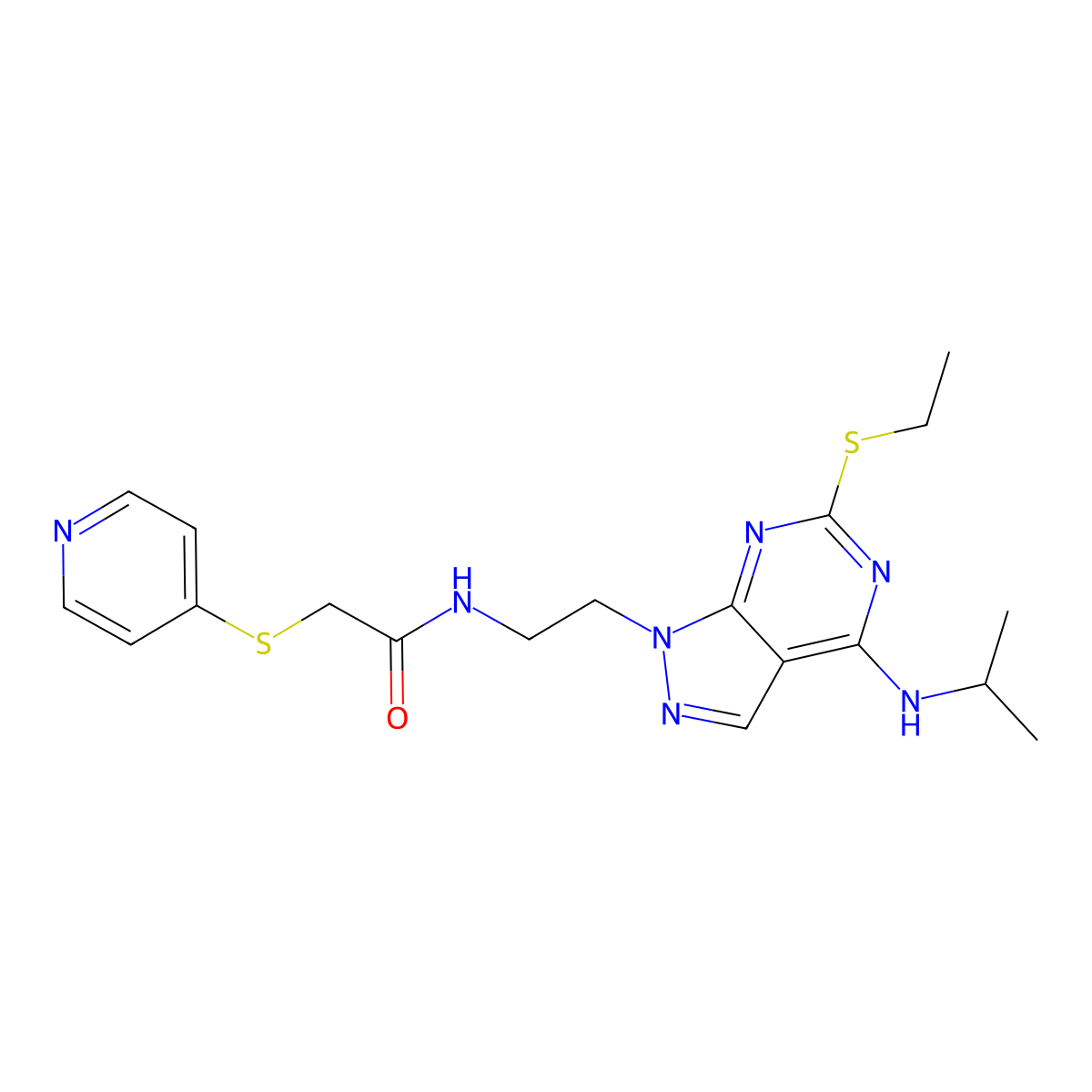 N-(2-(6-(ethylthio)-4-(isopropylamino)-1H-pyrazolo[3,4-d]pyrimidin-1-yl)ethyl)-2-(pyridin-4-ylthio)acetamide molecular structure, CAS 1170824-85-7