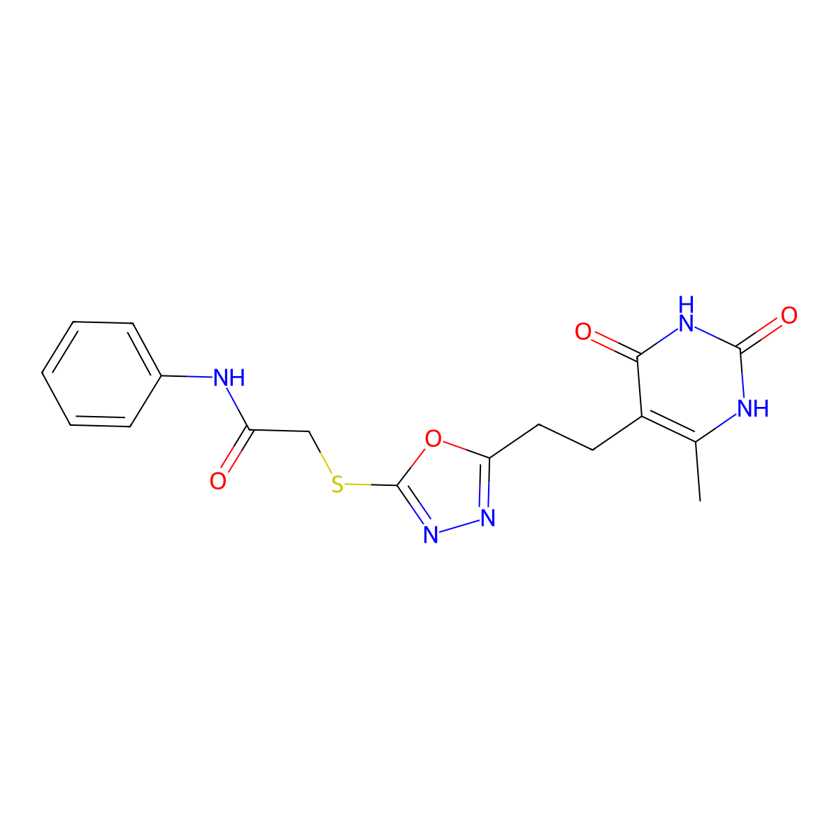 2-((5-(2-(6-methyl-2,4-dioxo-1,2,3,4-tetrahydropyrimidin-5-yl)ethyl)-1,3,4-oxadiazol-2-yl)thio)-N-phenylacetamide molecular structure, CAS 1170825-93-0