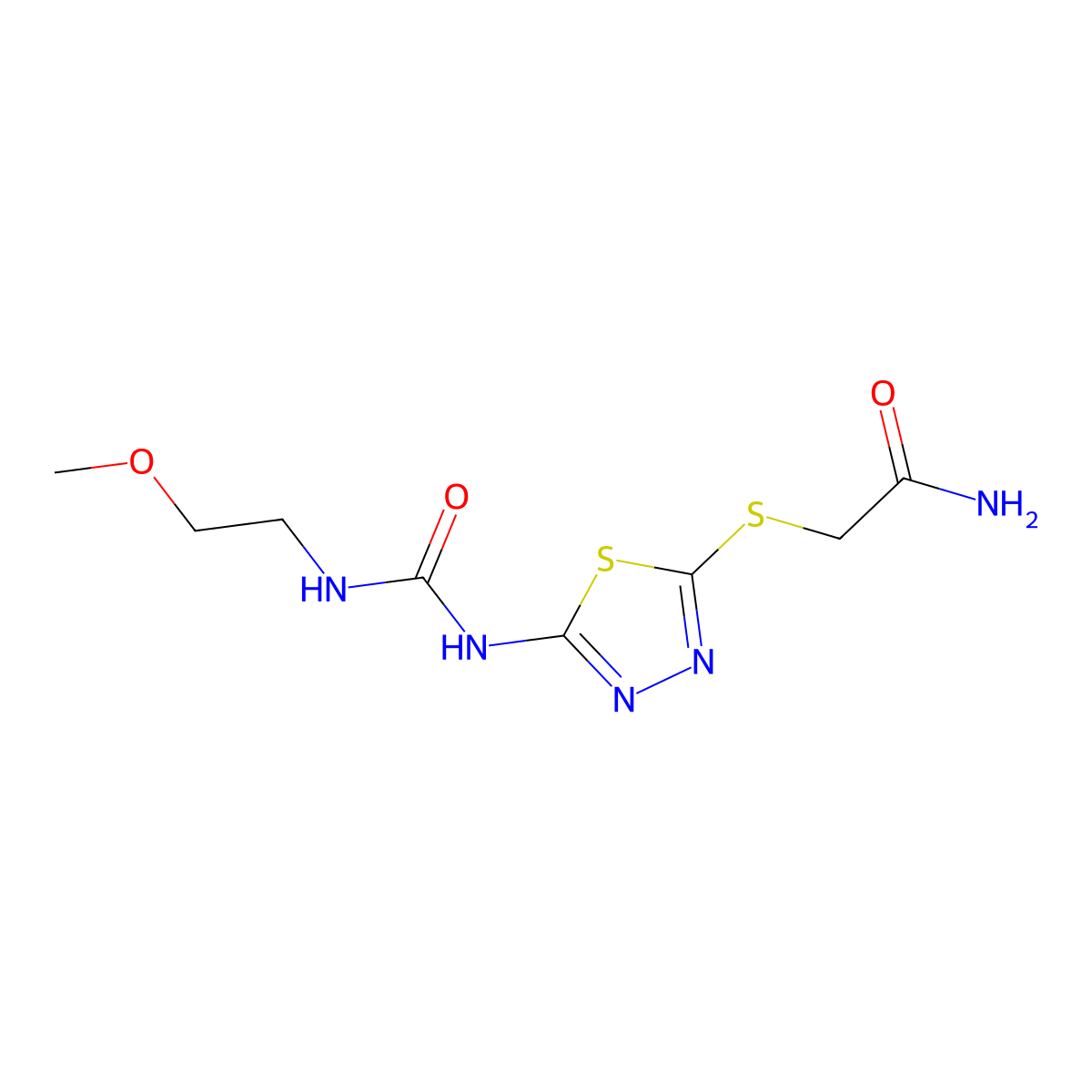2-((5-(3-(2-Methoxyethyl)ureido)-1,3,4-thiadiazol-2-yl)thio)acetamide molecular structure, CAS 1170826-27-3