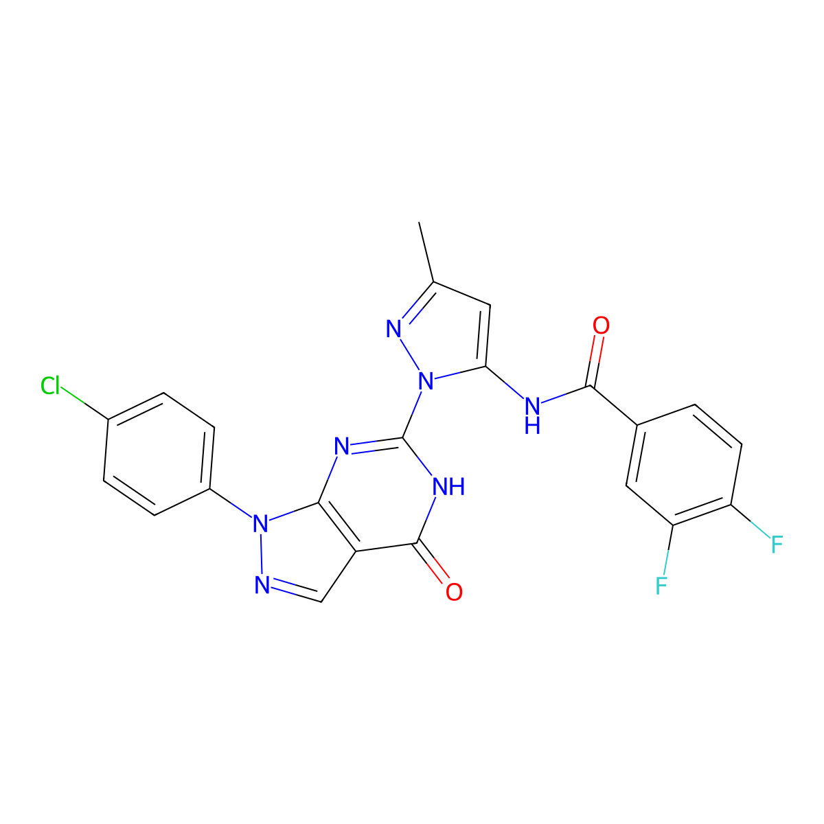 N-(1-(1-(4-chlorophenyl)-4-oxo-4,5-dihydro-1H-pyrazolo[3,4-d]pyrimidin-6-yl)-3-methyl-1H-pyrazol-5-yl)-3,4-difluorobenzamide molecular structure, CAS 1170829-29-4
