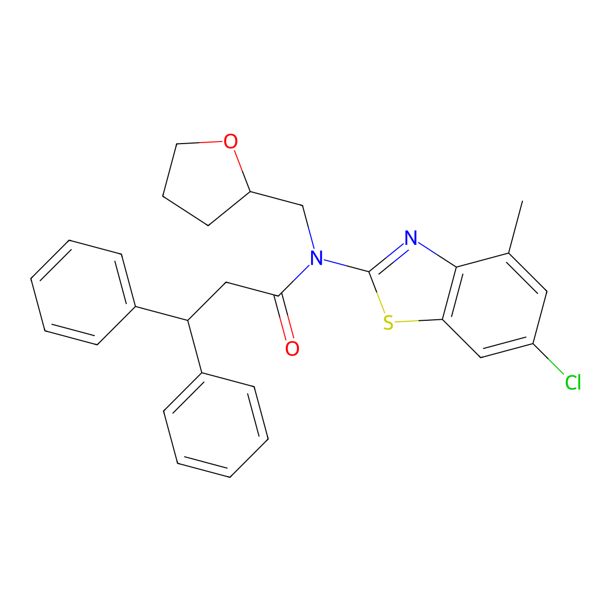 N-(6-chloro-4-methylbenzo[d]thiazol-2-yl)-3,3-diphenyl-N-((tetrahydrofuran-2-yl)methyl)propanamide molecular structure, CAS 1170829-80-7