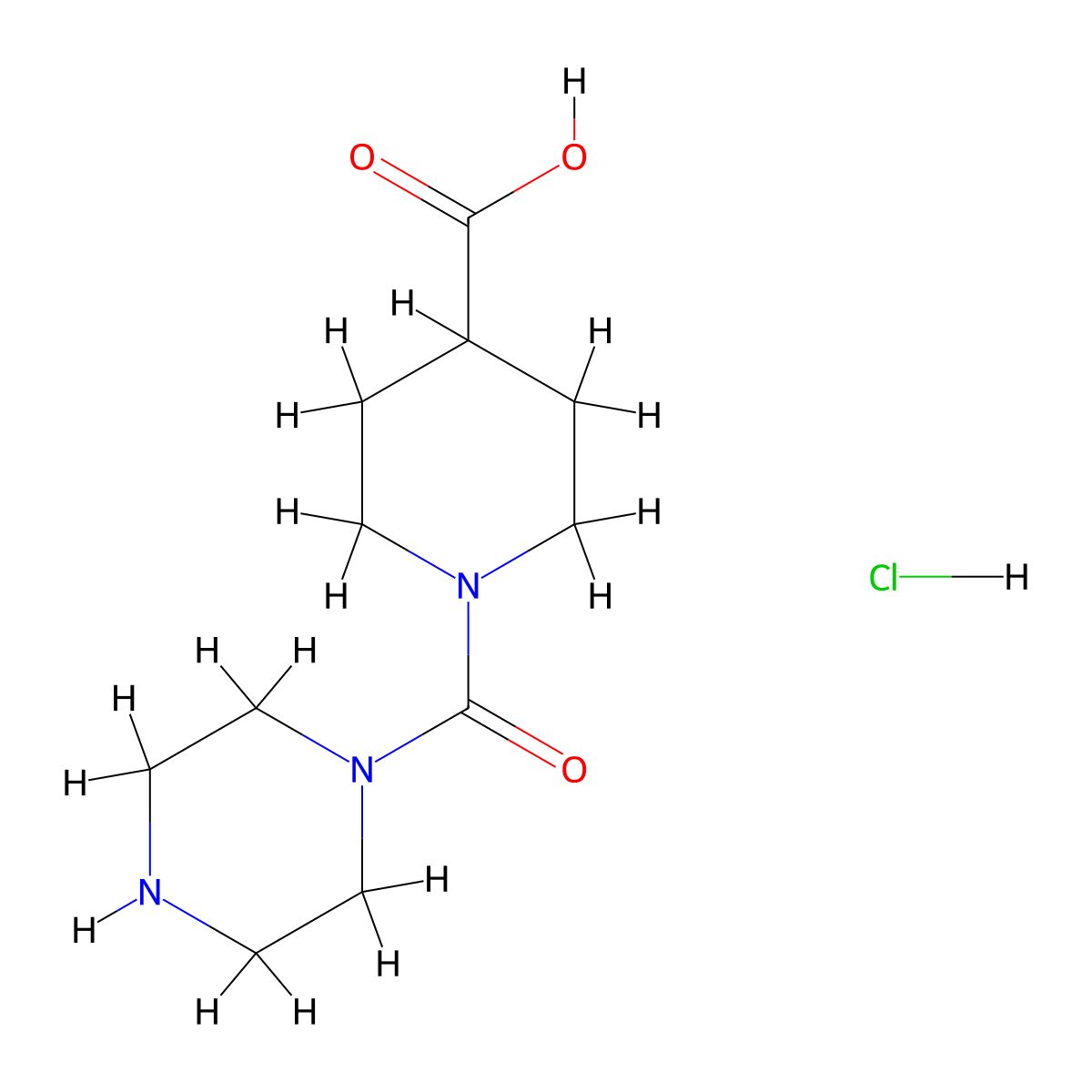 1-(Piperazine-1-carbonyl)piperidine-4-carboxylic acid hydrochloride molecular structure, CAS 1170830-06-4