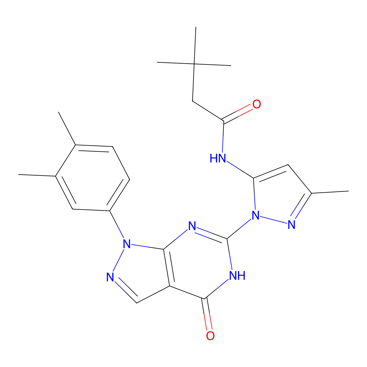 N-(1-(1-(3,4-dimethylphenyl)-4-oxo-4,5-dihydro-1H-pyrazolo[3,4-d]pyrimidin-6-yl)-3-methyl-1H-pyrazol-5-yl)-3,3-dimethylbutanamide molecular structure, CAS 1170830-63-3