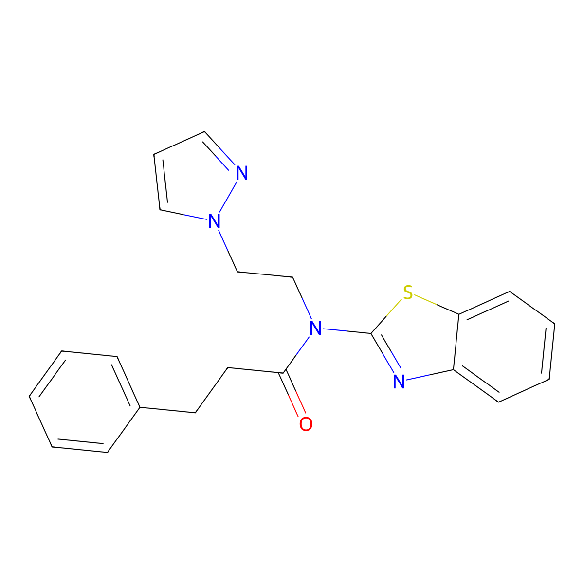 N-(2-(1H-pyrazol-1-yl)ethyl)-N-(benzo[d]thiazol-2-yl)-3-phenylpropanamide molecular structure, CAS 1170830-67-7
