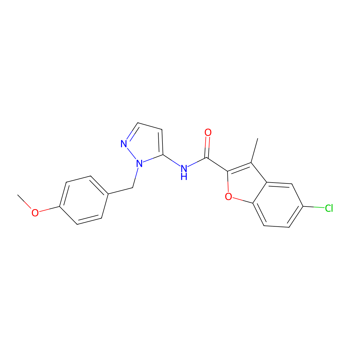 5-chloro-N-[1-(4-methoxybenzyl)-1H-pyrazol-5-yl]-3-methyl-1-benzofuran-2-carboxamide molecular structure, CAS 1170832-47-9