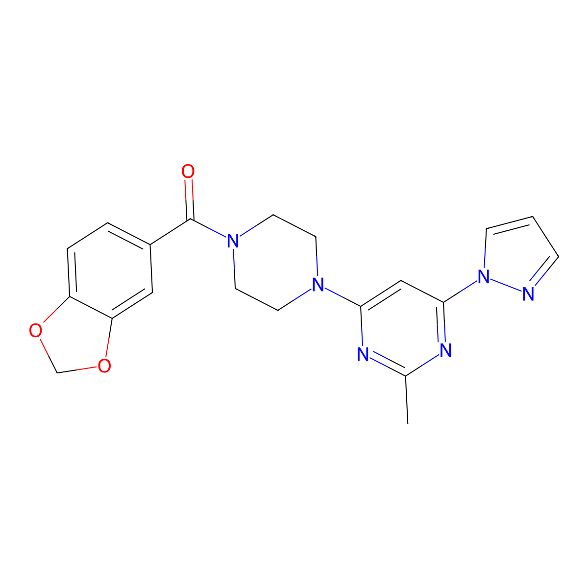 benzo[d][1,3]dioxol-5-yl(4-(2-methyl-6-(1H-pyrazol-1-yl)pyrimidin-4-yl)piperazin-1-yl)methanone molecular structure, CAS 1170833-21-2