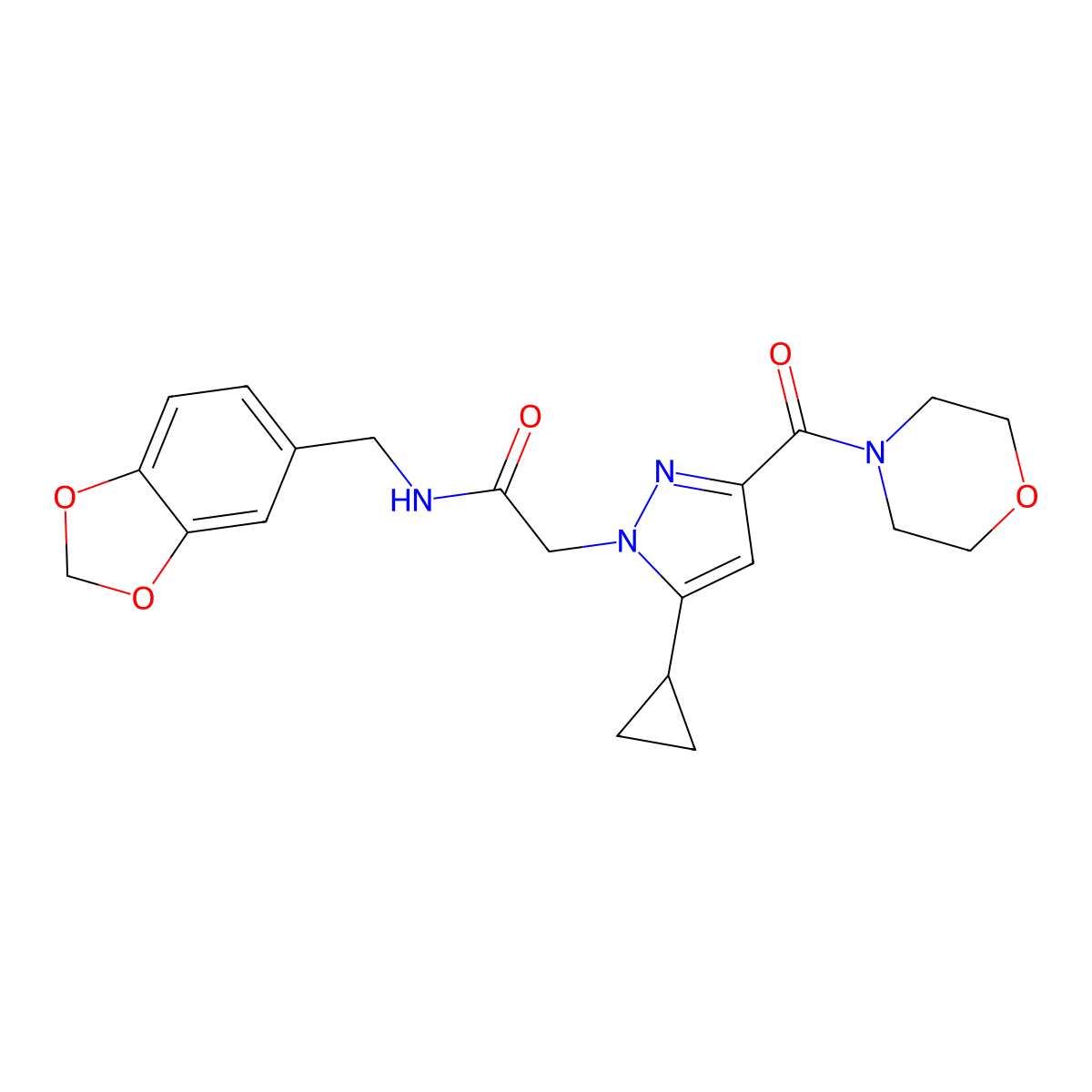 N-(benzo[d][1,3]dioxol-5-ylmethyl)-2-(5-cyclopropyl-3-(morpholine-4-carbonyl)-1H-pyrazol-1-yl)acetamide molecular structure, CAS 1170833-23-4