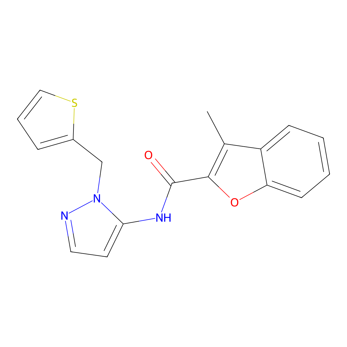 3-methyl-N-[1-(thiophen-2-ylmethyl)-1H-pyrazol-5-yl]-1-benzofuran-2-carboxamide molecular structure, CAS 1170834-50-0