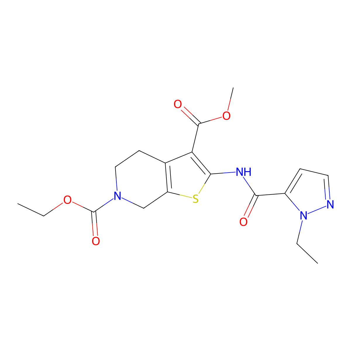 6-ethyl 3-methyl 2-(1-ethyl-1H-pyrazole-5-carboxamido)-4,5-dihydrothieno[2,3-c]pyridine-3,6(7H)-dicarboxylate molecular structure, CAS 1170834-69-1