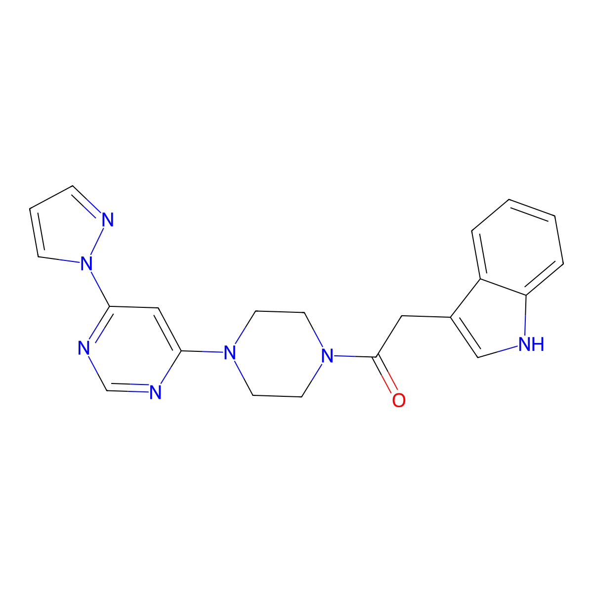 1-(4-(6-(1H-pyrazol-1-yl)pyrimidin-4-yl)piperazin-1-yl)-2-(1H-indol-3-yl)ethanone molecular structure, CAS 1170835-90-1