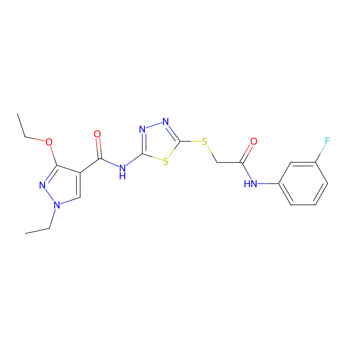 3-ethoxy-1-ethyl-N-(5-((2-((3-fluorophenyl)amino)-2-oxoethyl)thio)-1,3,4-thiadiazol-2-yl)-1H-pyrazole-4-carboxamide molecular structure, CAS 1170836-06-2