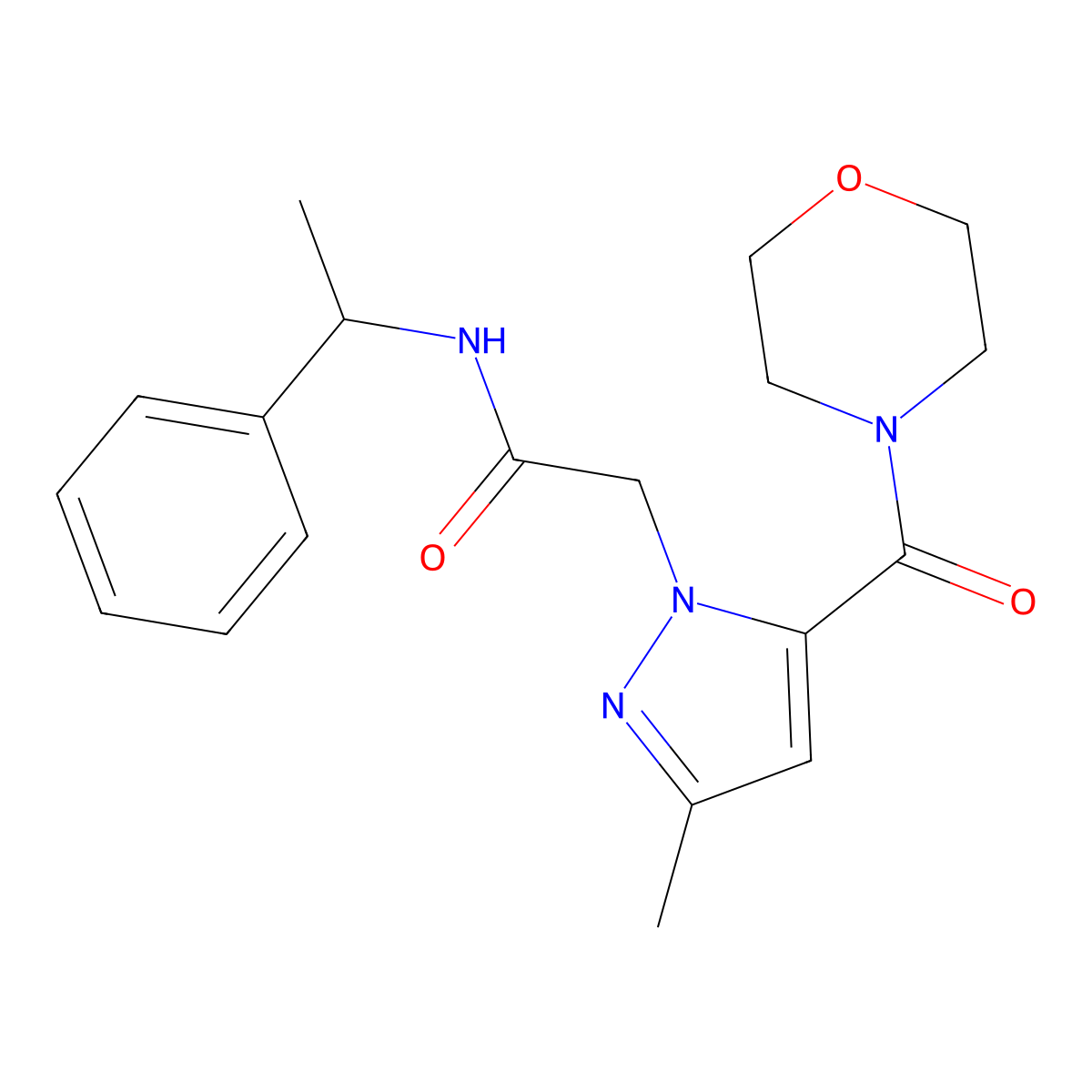 2-[3-methyl-5-(morpholine-4-carbonyl)-1H-pyrazol-1-yl]-N-(1-phenylethyl)acetamide molecular structure, CAS 1170836-54-0