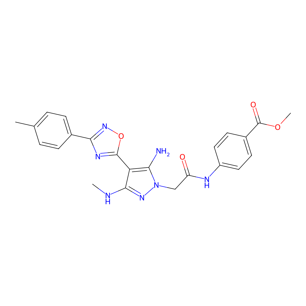 methyl 4-{2-[5-amino-3-(methylamino)-4-[3-(4-methylphenyl)-1,2,4-oxadiazol-5-yl]-1H-pyrazol-1-yl]acetamido}benzoate molecular structure, CAS 1170837-11-2