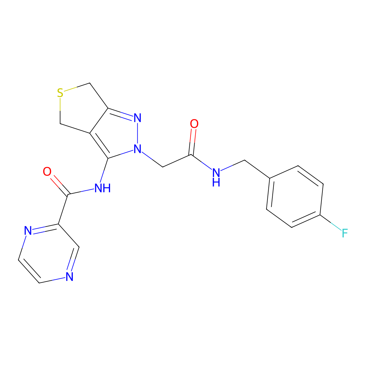 N-(2-(2-((4-fluorobenzyl)amino)-2-oxoethyl)-4,6-dihydro-2H-thieno[3,4-c]pyrazol-3-yl)pyrazine-2-carboxamide molecular structure, CAS 1170837-59-8
