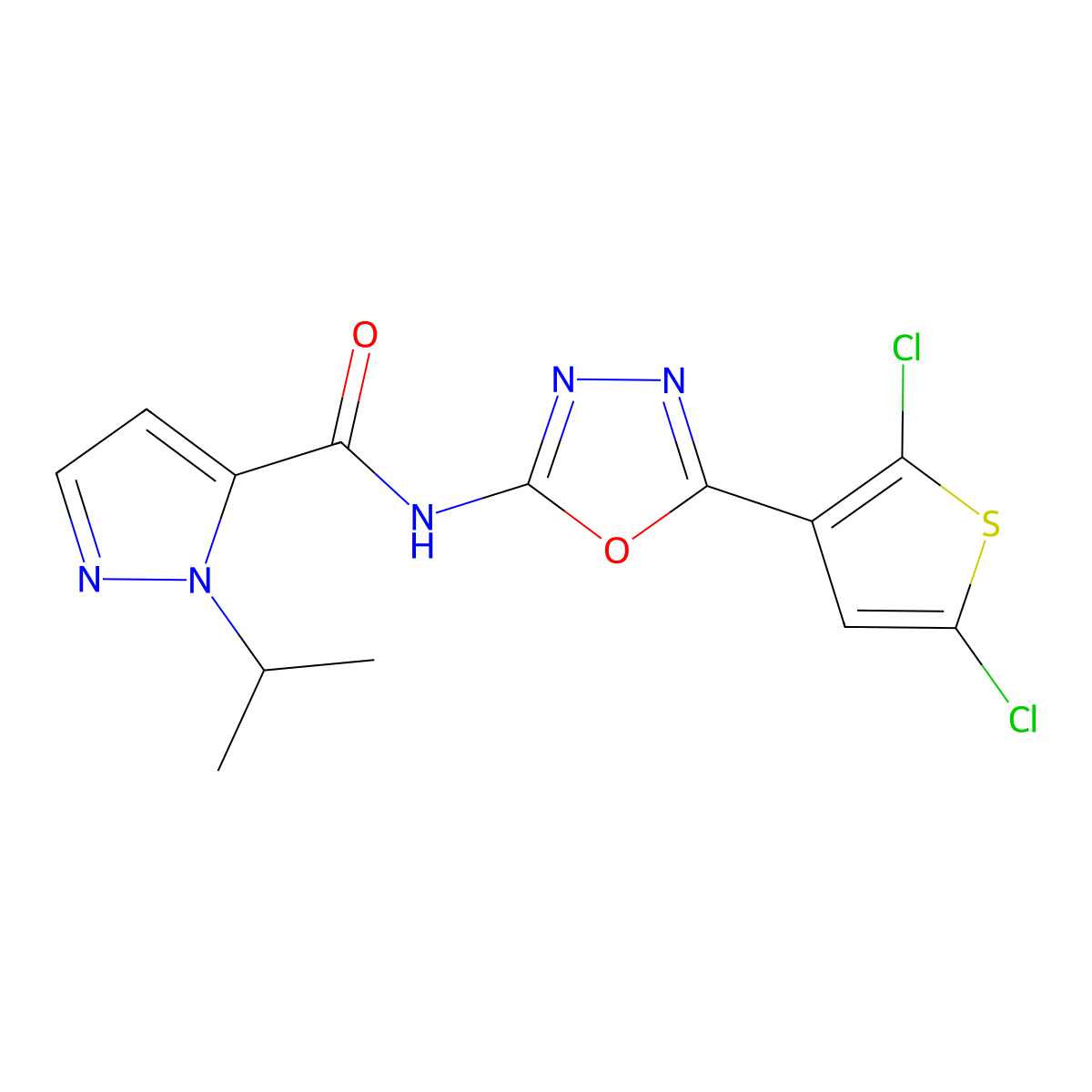 N-(5-(2,5-dichlorothiophen-3-yl)-1,3,4-oxadiazol-2-yl)-1-isopropyl-1H-pyrazole-5-carboxamide molecular structure, CAS 1170840-34-2