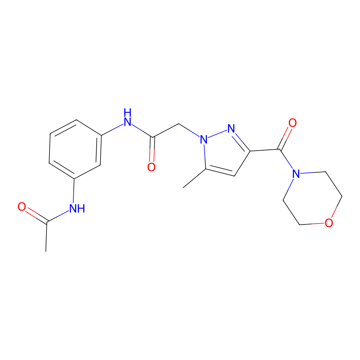 N-(3-acetamidophenyl)-2-(5-methyl-3-(morpholine-4-carbonyl)-1H-pyrazol-1-yl)acetamide molecular structure, CAS 1170841-63-0