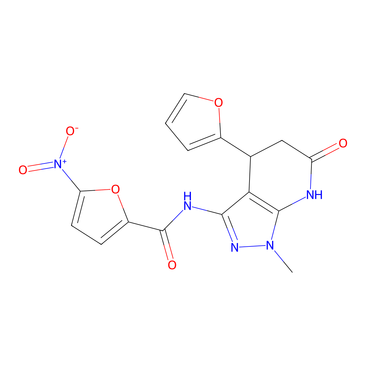 N-(4-(furan-2-yl)-1-methyl-6-oxo-4,5,6,7-tetrahydro-1H-pyrazolo[3,4-b]pyridin-3-yl)-5-nitrofuran-2-carboxamide molecular structure, CAS 1170842-92-8
