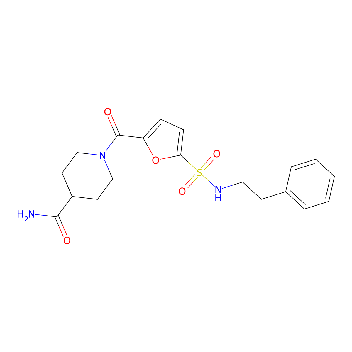 1-(5-(N-phenethylsulfamoyl)furan-2-carbonyl)piperidine-4-carboxamide molecular structure, CAS 1170849-94-1