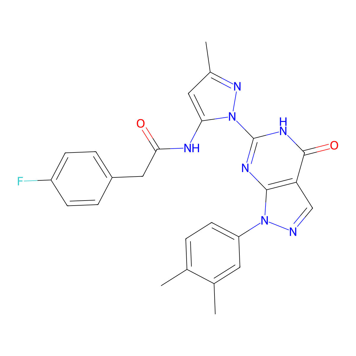 N-(1-(1-(3,4-dimethylphenyl)-4-oxo-4,5-dihydro-1H-pyrazolo[3,4-d]pyrimidin-6-yl)-3-methyl-1H-pyrazol-5-yl)-2-(4-fluorophenyl)acetamide molecular structure, CAS 1170850-41-5
