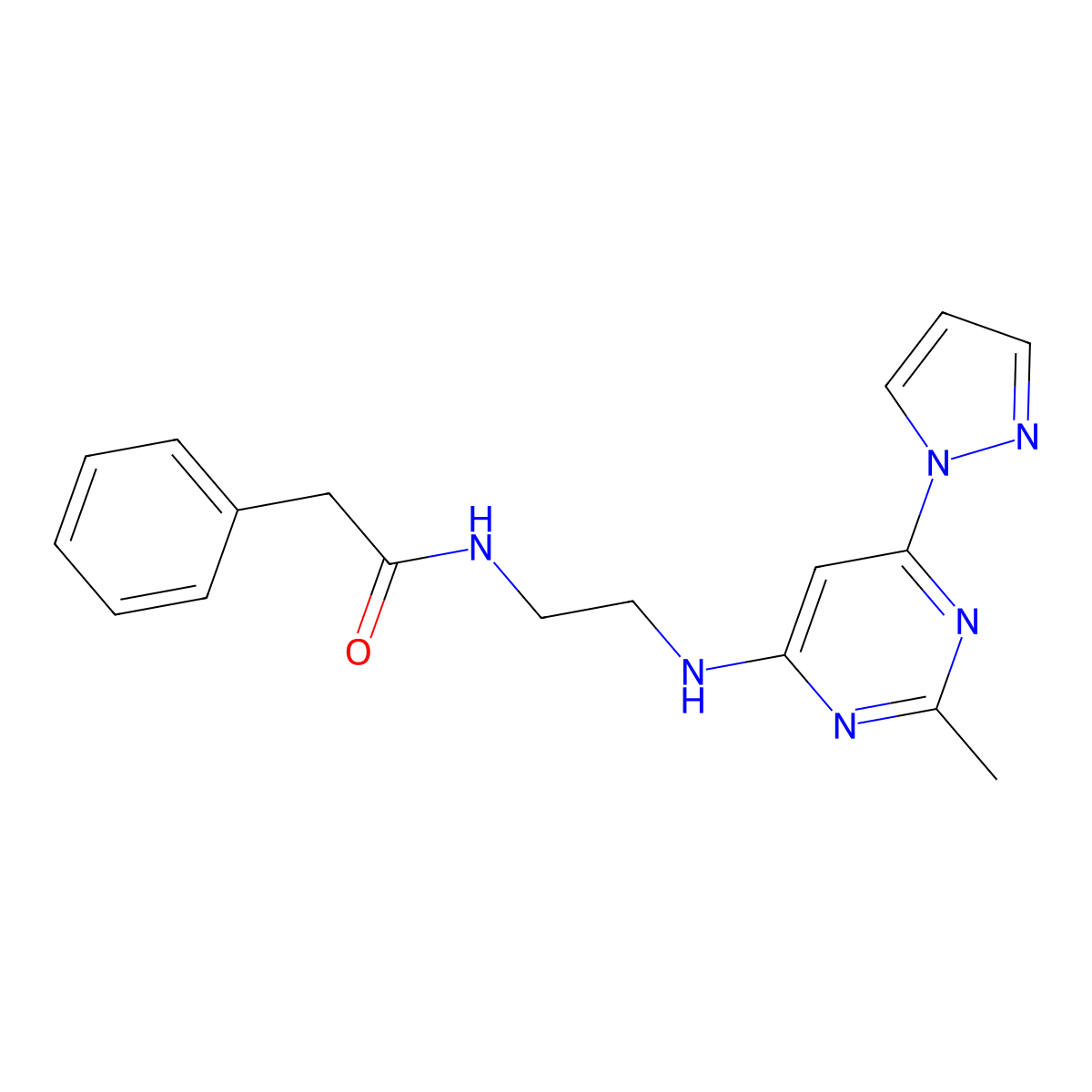 N-(2-{[2-methyl-6-(1H-pyrazol-1-yl)pyrimidin-4-yl]amino}ethyl)-2-phenylacetamide molecular structure, CAS 1170852-84-2