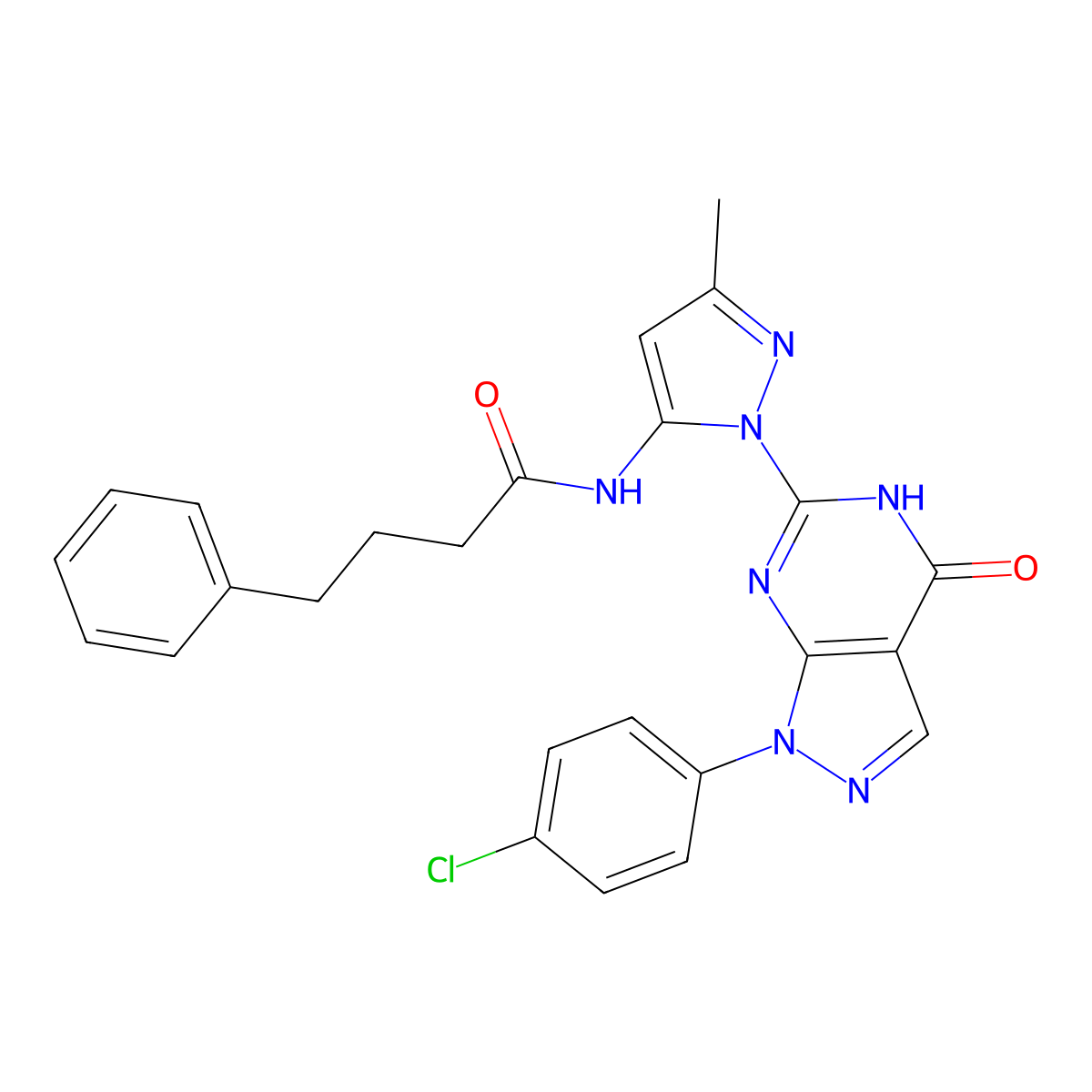 N-(1-(1-(4-chlorophenyl)-4-oxo-4,5-dihydro-1H-pyrazolo[3,4-d]pyrimidin-6-yl)-3-methyl-1H-pyrazol-5-yl)-4-phenylbutanamide molecular structure, CAS 1170853-93-6