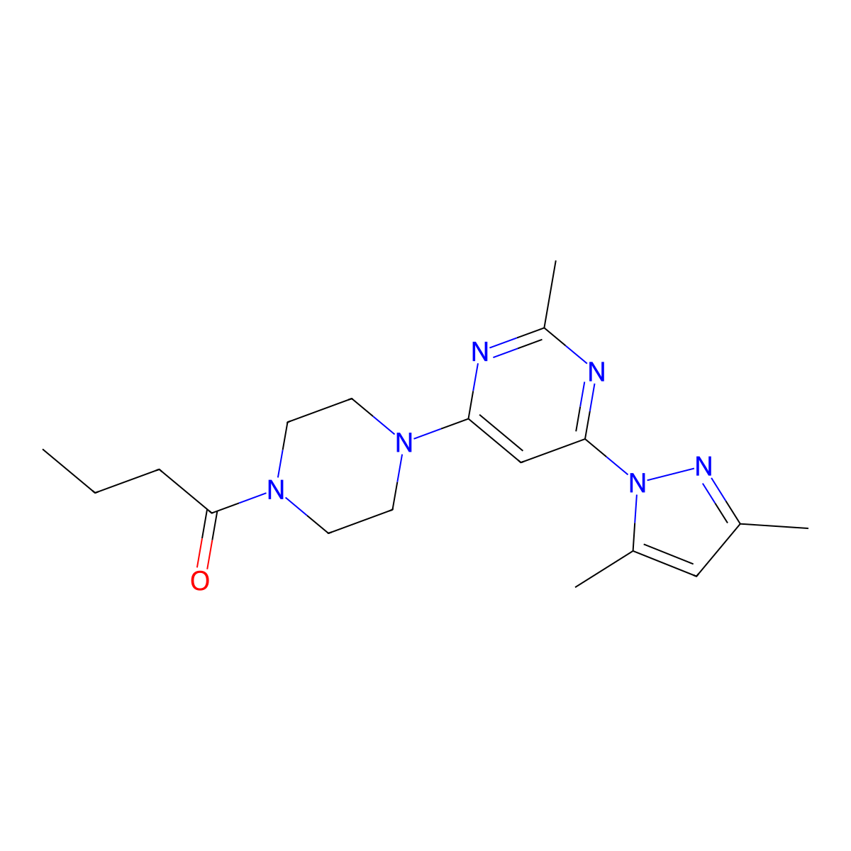 1-{4-[6-(3,5-dimethyl-1H-pyrazol-1-yl)-2-methylpyrimidin-4-yl]piperazin-1-yl}butan-1-one molecular structure, CAS 1170854-24-6