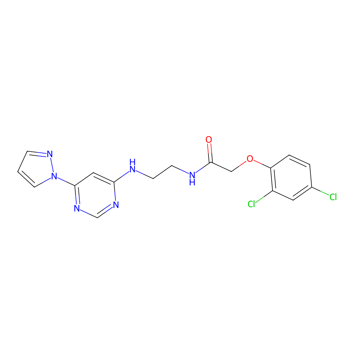 N-(2-((6-(1H-pyrazol-1-yl)pyrimidin-4-yl)amino)ethyl)-2-(2,4-dichlorophenoxy)acetamide molecular structure, CAS 1170855-12-5