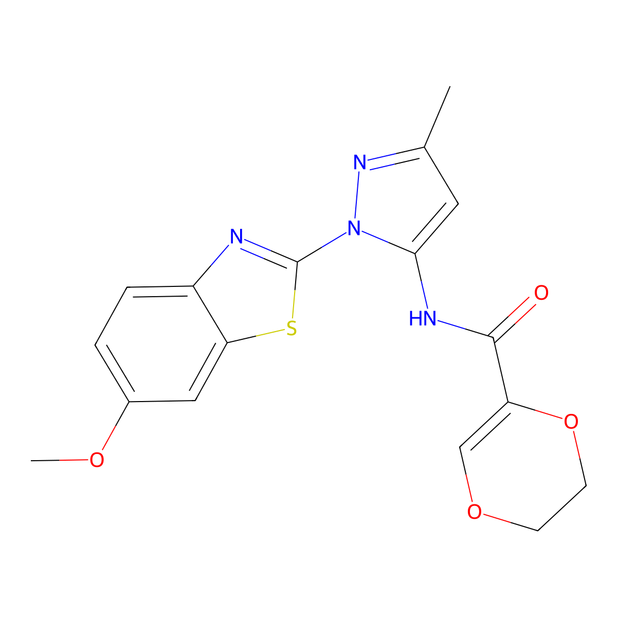 N-[1-(6-methoxy-1,3-benzothiazol-2-yl)-3-methyl-1H-pyrazol-5-yl]-5,6-dihydro-1,4-dioxine-2-carboxamide molecular structure, CAS 1170860-57-7