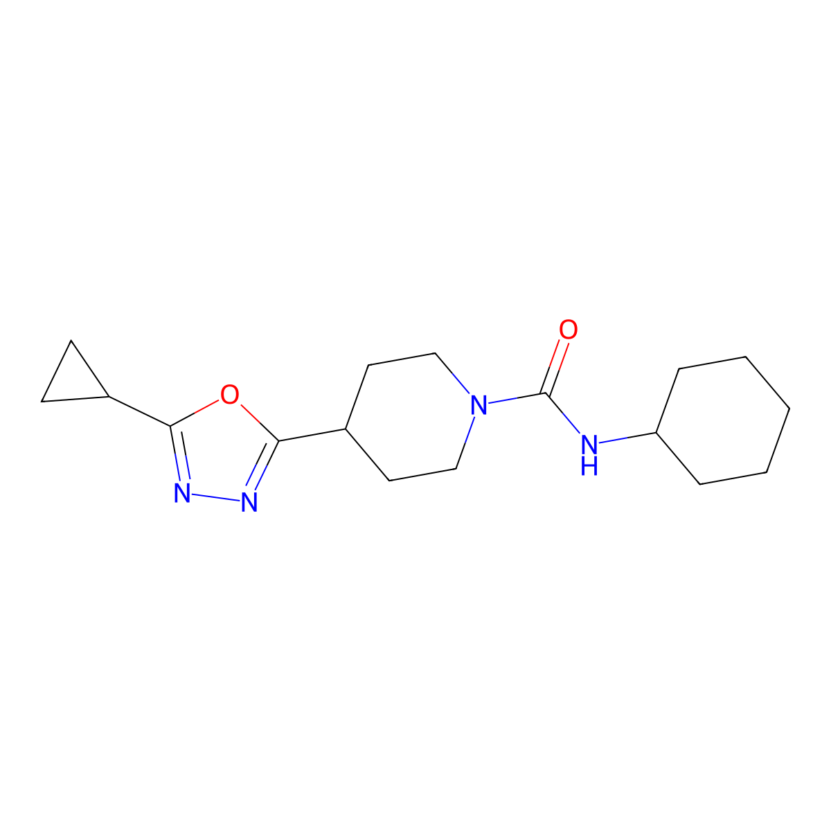 N-cyclohexyl-4-(5-cyclopropyl-1,3,4-oxadiazol-2-yl)piperidine-1-carboxamide molecular structure, CAS 1170867-13-6