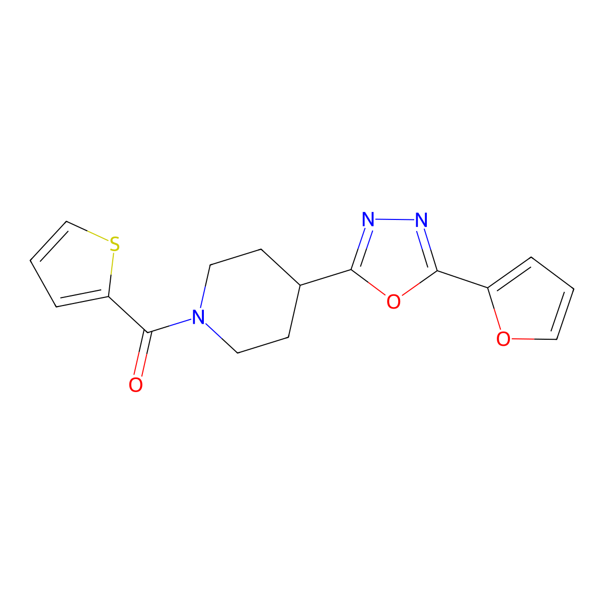 (4-(5-(Furan-2-yl)-1,3,4-oxadiazol-2-yl)piperidin-1-yl)(thiophen-2-yl)methanone molecular structure, CAS 1170874-63-1