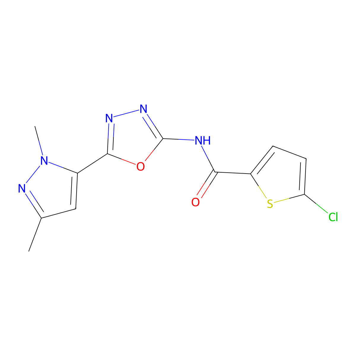 5-chloro-N-[5-(1,3-dimethyl-1H-pyrazol-5-yl)-1,3,4-oxadiazol-2-yl]thiophene-2-carboxamide molecular structure, CAS 1170875-92-9