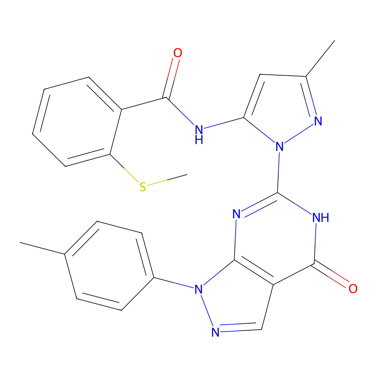 N-(3-methyl-1-(4-oxo-1-(p-tolyl)-4,5-dihydro-1H-pyrazolo[3,4-d]pyrimidin-6-yl)-1H-pyrazol-5-yl)-2-(methylthio)benzamide molecular structure, CAS 1170878-39-3