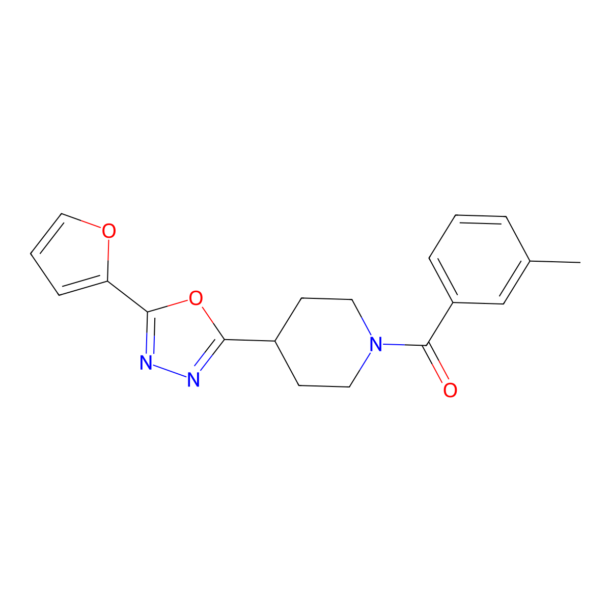 (4-(5-(Furan-2-yl)-1,3,4-oxadiazol-2-yl)piperidin-1-yl)(m-tolyl)methanone molecular structure, CAS 1170879-30-7