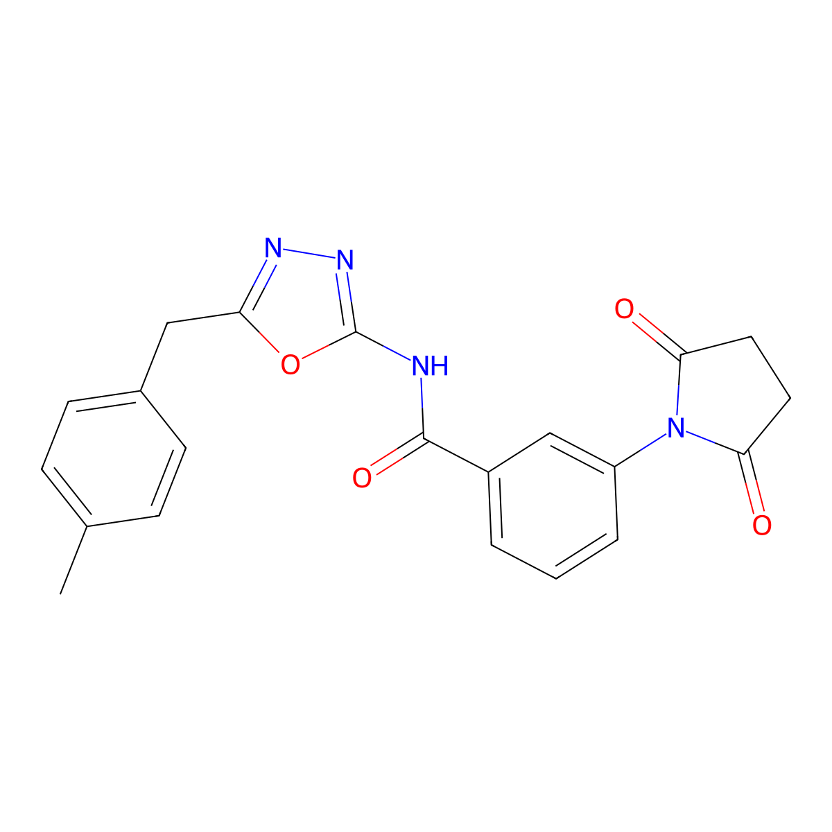 3-(2,5-dioxopyrrolidin-1-yl)-N-(5-(4-methylbenzyl)-1,3,4-oxadiazol-2-yl)benzamide molecular structure, CAS 1170885-20-7