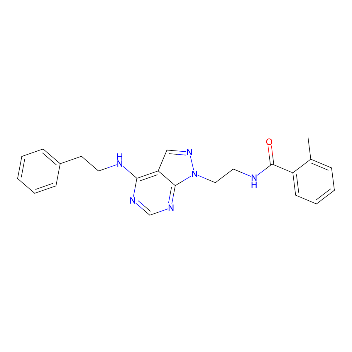 2-methyl-N-(2-(4-(phenethylamino)-1H-pyrazolo[3,4-d]pyrimidin-1-yl)ethyl)benzamide molecular structure, CAS 1170885-58-1