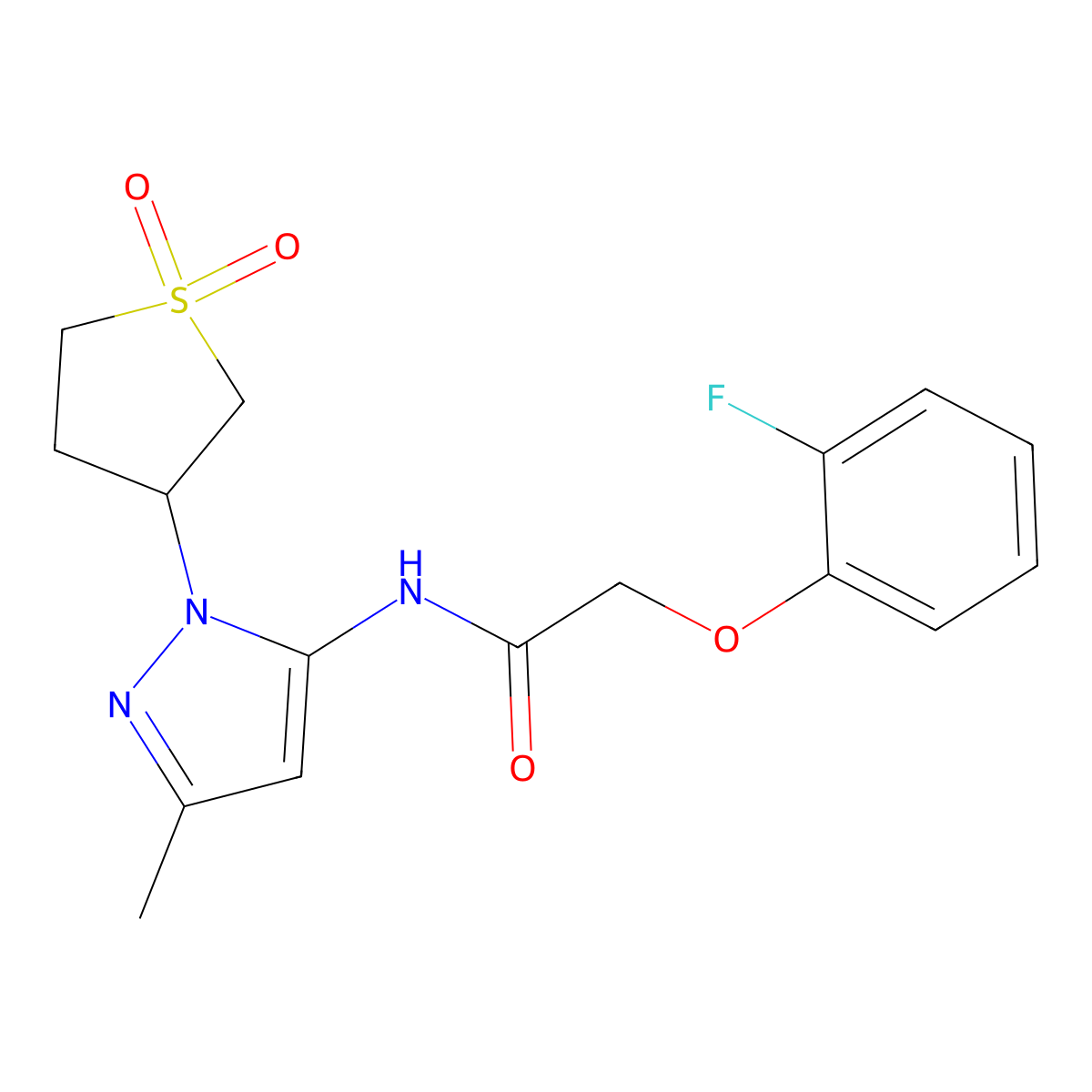 N-(1-(1,1-dioxidotetrahydrothiophen-3-yl)-3-methyl-1H-pyrazol-5-yl)-2-(2-fluorophenoxy)acetamide molecular structure, CAS 1170885-69-4