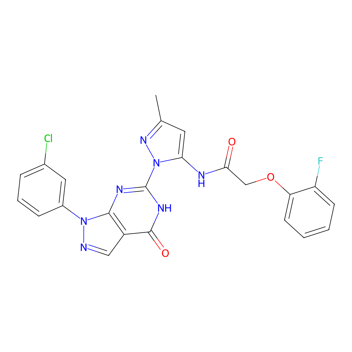 N-(1-(1-(3-chlorophenyl)-4-oxo-4,5-dihydro-1H-pyrazolo[3,4-d]pyrimidin-6-yl)-3-methyl-1H-pyrazol-5-yl)-2-(2-fluorophenoxy)acetamide molecular structure, CAS 1170888-23-9