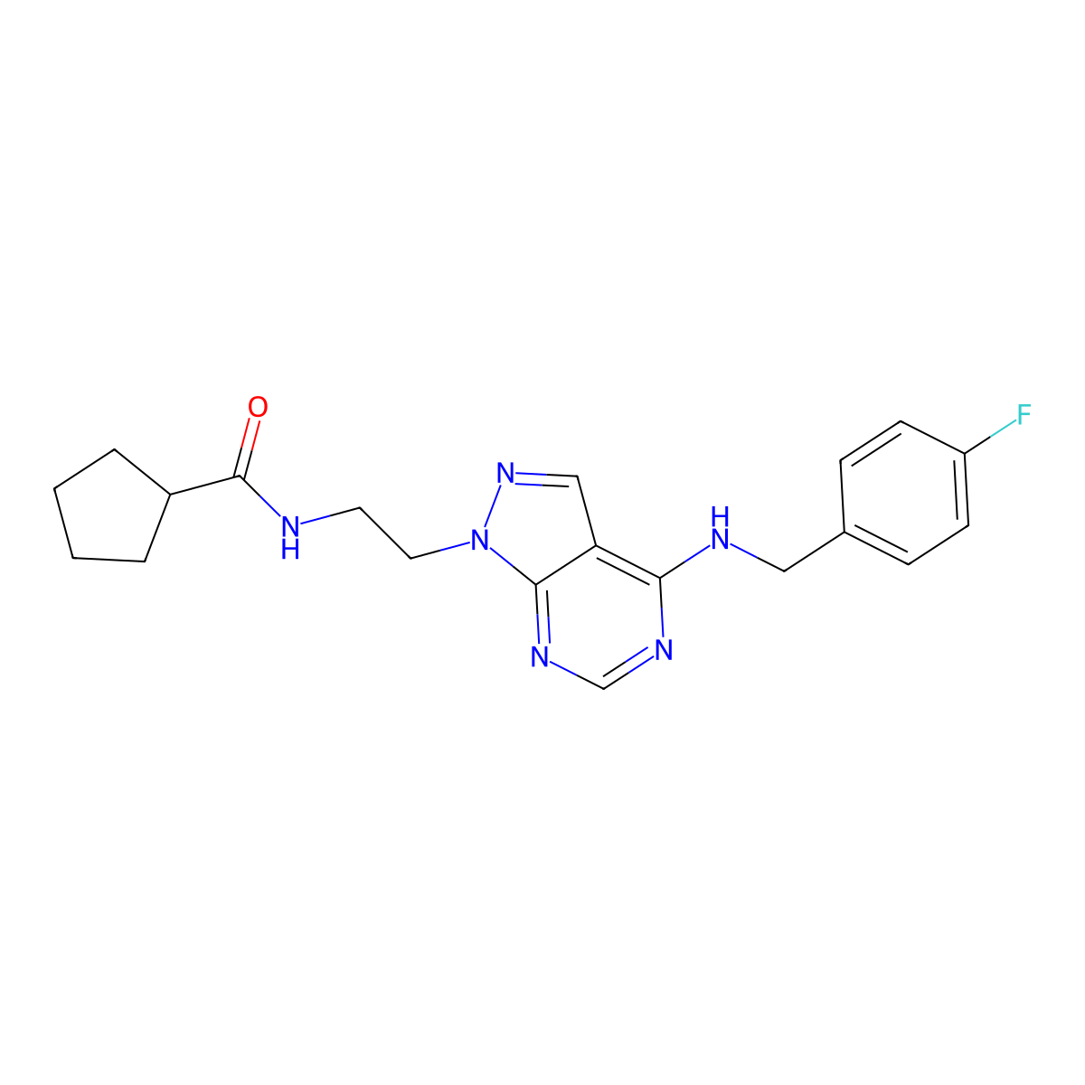 N-(2-(4-((4-fluorobenzyl)amino)-1H-pyrazolo[3,4-d]pyrimidin-1-yl)ethyl)cyclopentanecarboxamide molecular structure, CAS 1170888-30-8