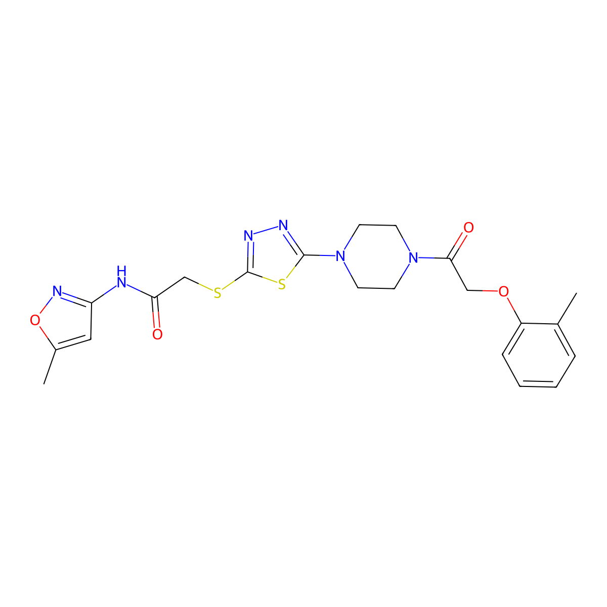 N-(5-methylisoxazol-3-yl)-2-((5-(4-(2-(o-tolyloxy)acetyl)piperazin-1-yl)-1,3,4-thiadiazol-2-yl)thio)acetamide molecular structure, CAS 1170889-78-7