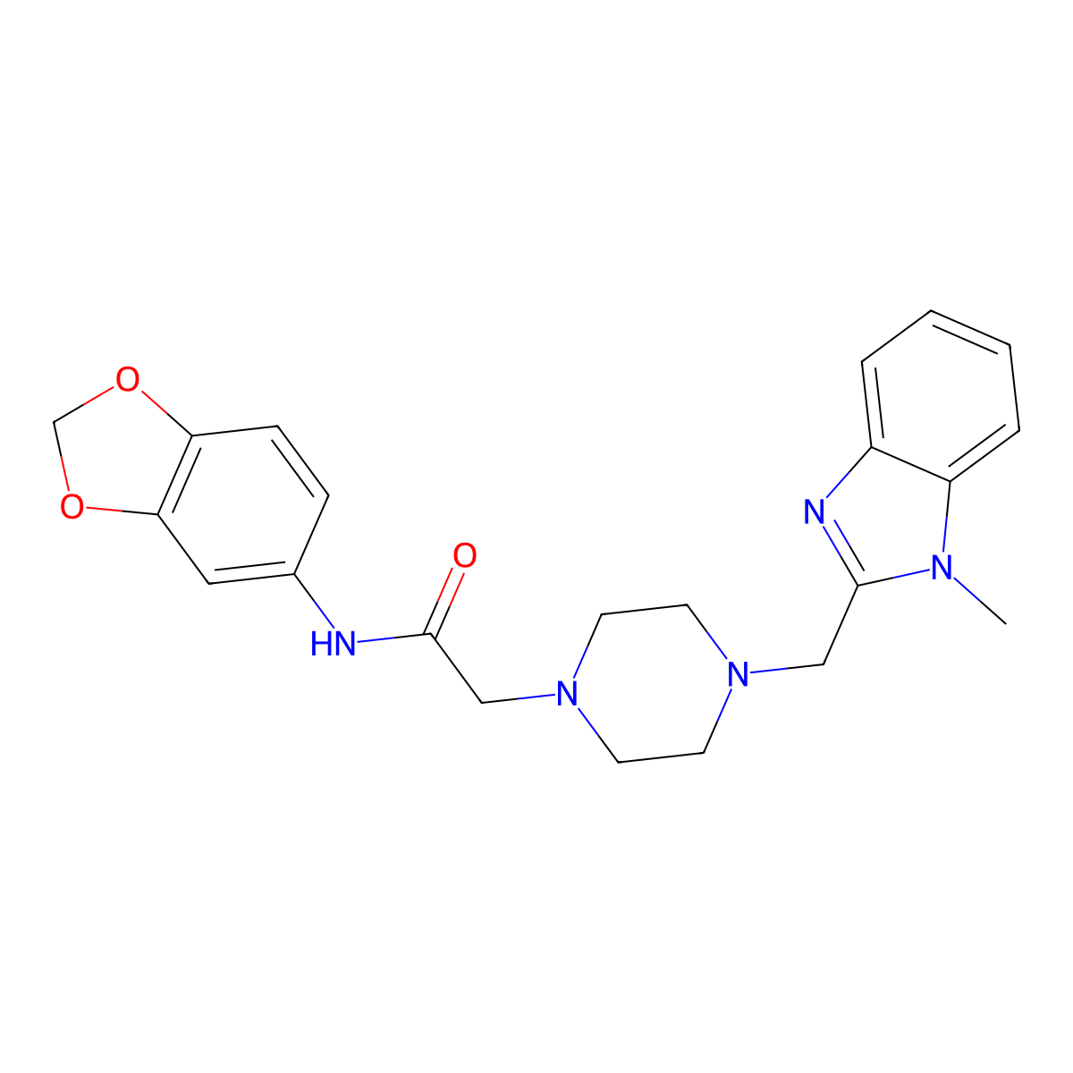 N-(benzo[d][1,3]dioxol-5-yl)-2-(4-((1-methyl-1H-benzo[d]imidazol-2-yl)methyl)piperazin-1-yl)acetamide molecular structure, CAS 1170896-41-9