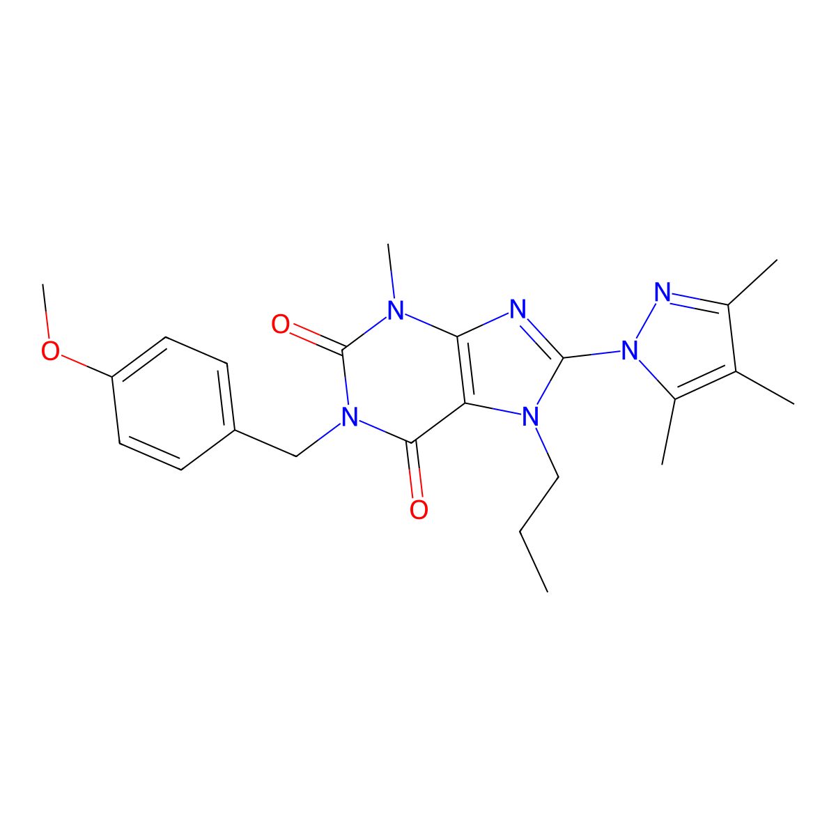 1-(4-methoxybenzyl)-3-methyl-7-propyl-8-(3,4,5-trimethyl-1H-pyrazol-1-yl)-1H-purine-2,6(3H,7H)-dione molecular structure, CAS 1170896-56-6