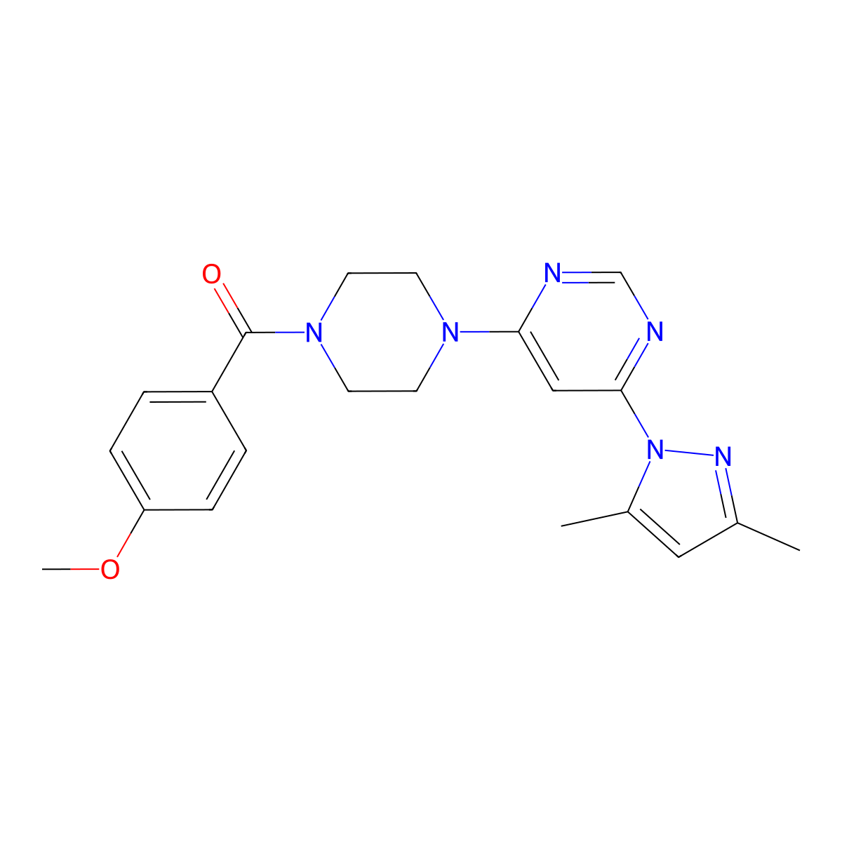 (4-(6-(3,5-dimethyl-1H-pyrazol-1-yl)pyrimidin-4-yl)piperazin-1-yl)(4-methoxyphenyl)methanone molecular structure, CAS 1170898-02-8
