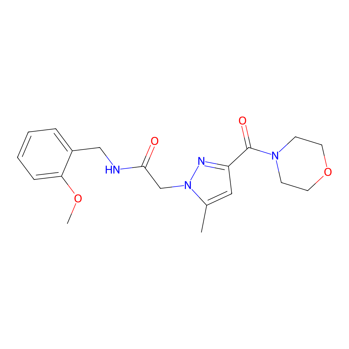 N-(2-methoxybenzyl)-2-(5-methyl-3-(morpholine-4-carbonyl)-1H-pyrazol-1-yl)acetamide molecular structure, CAS 1170898-30-2