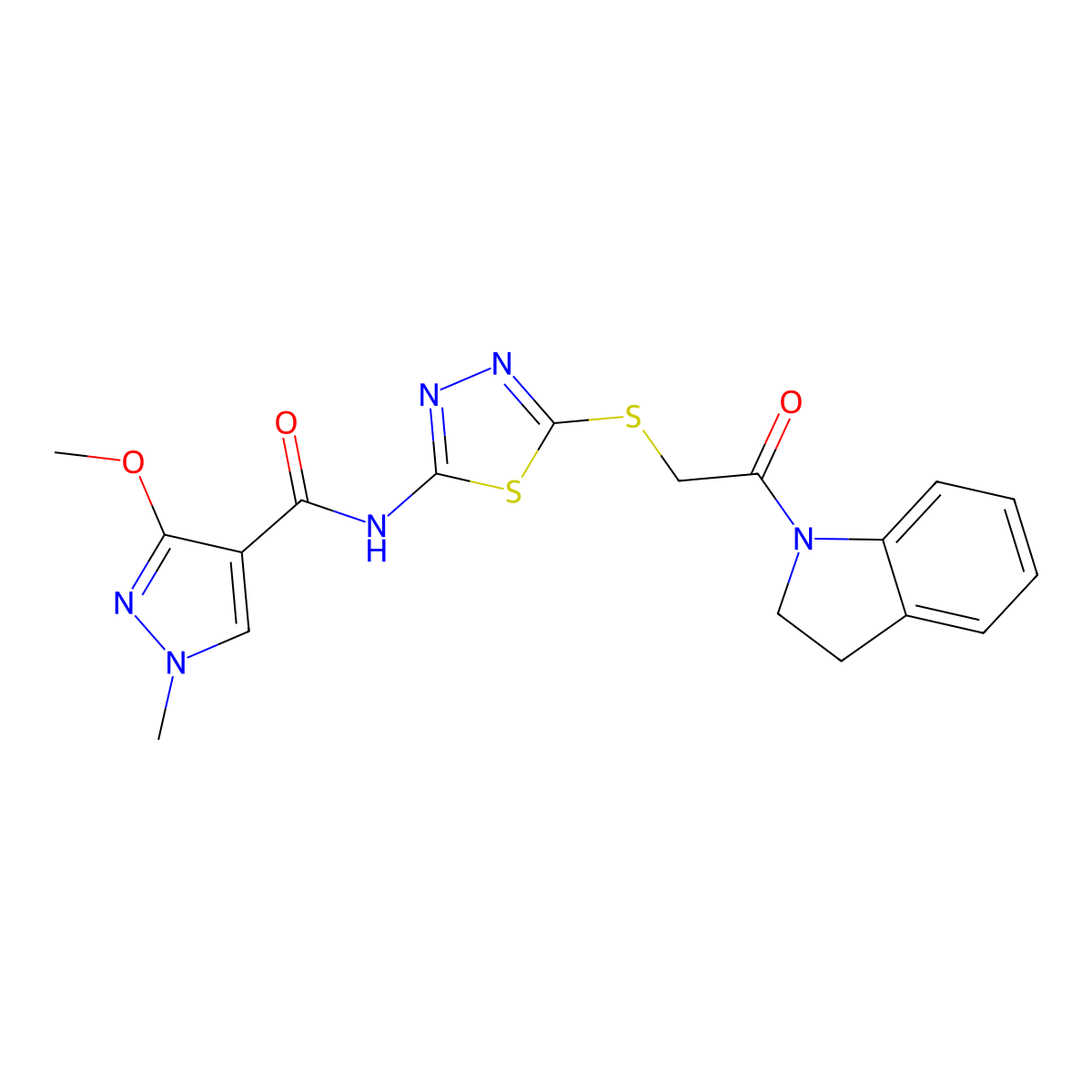 N-(5-((2-(indolin-1-yl)-2-oxoethyl)thio)-1,3,4-thiadiazol-2-yl)-3-methoxy-1-methyl-1H-pyrazole-4-carboxamide molecular structure, CAS 1170905-91-5