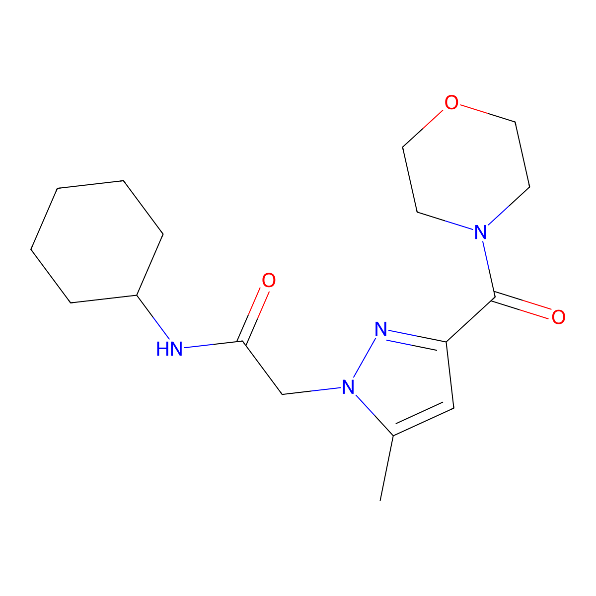 N-cyclohexyl-2-(5-methyl-3-(morpholine-4-carbonyl)-1H-pyrazol-1-yl)acetamide molecular structure, CAS 1170908-89-0