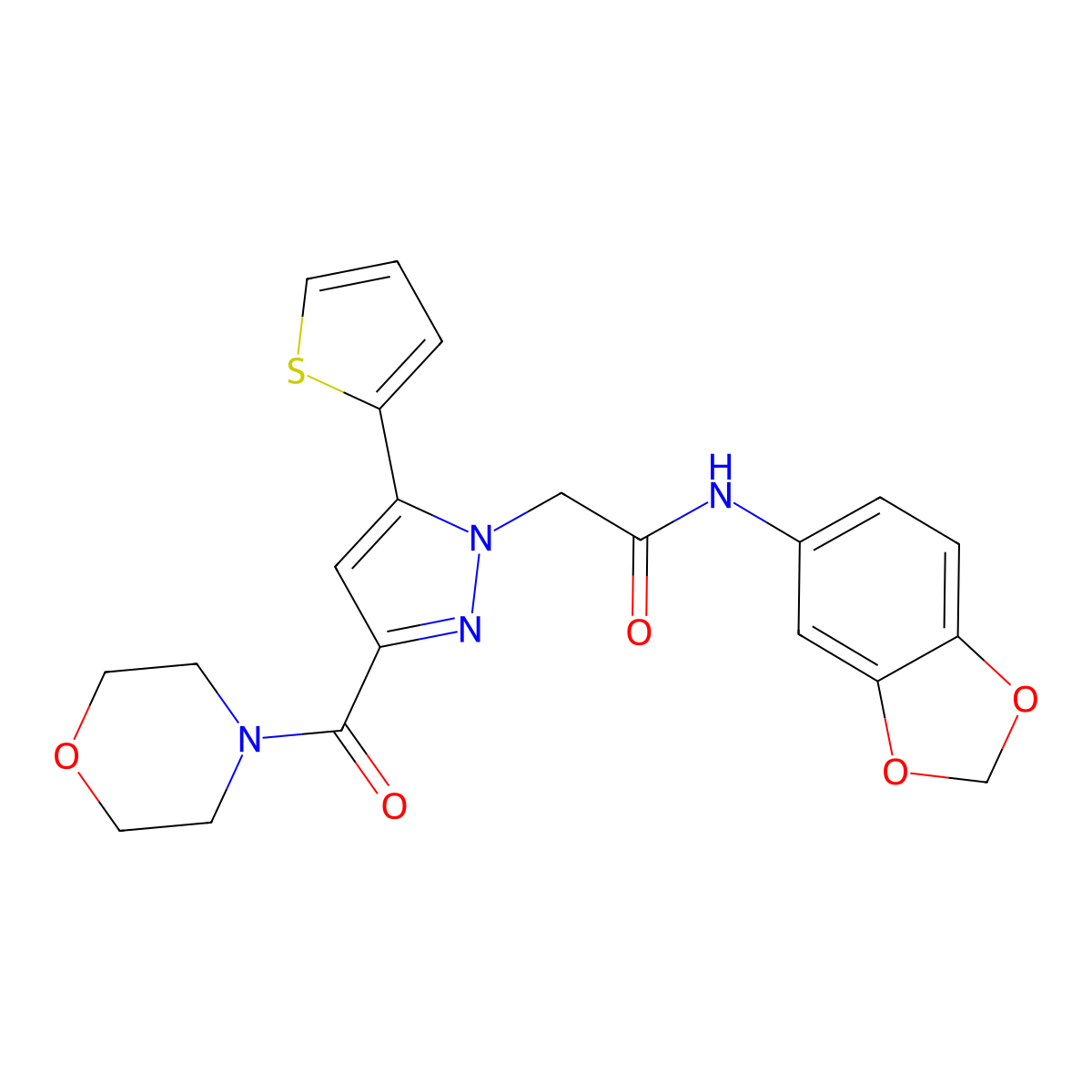 N-(benzo[d][1,3]dioxol-5-yl)-2-(3-(morpholine-4-carbonyl)-5-(thiophen-2-yl)-1H-pyrazol-1-yl)acetamide molecular structure, CAS 1170910-48-1